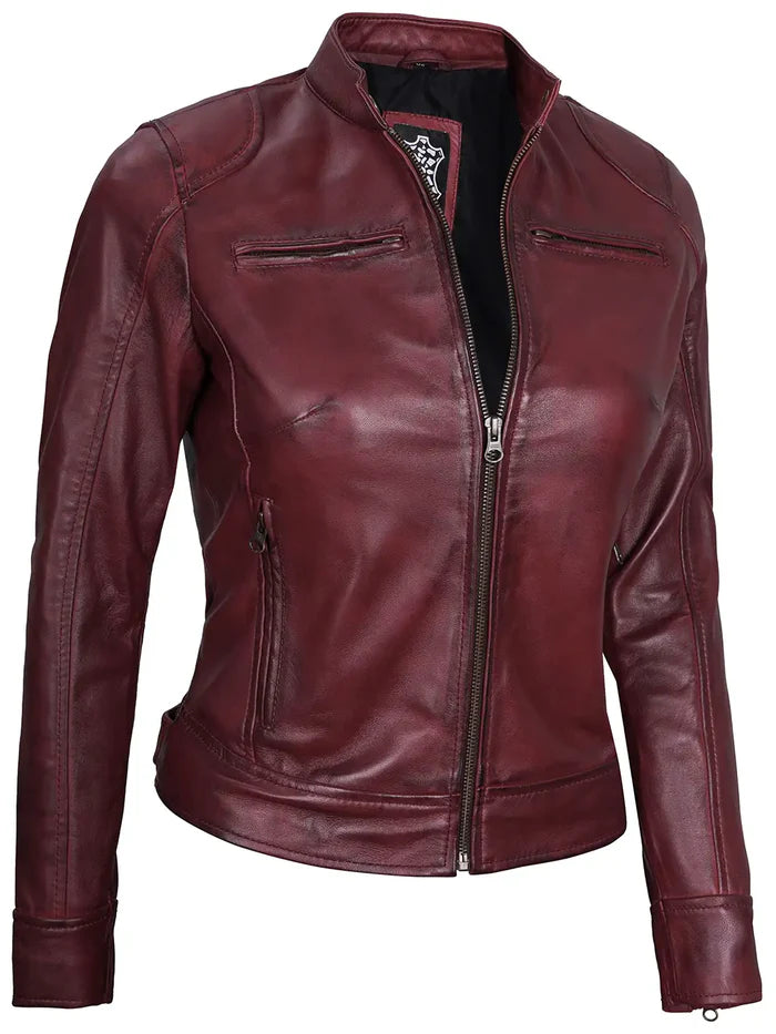 Dodge Womens Burgundy Leather Jacket Cafe Racer