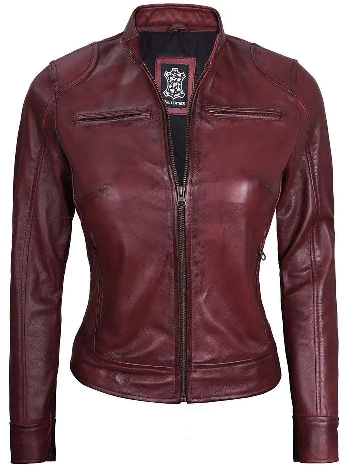 Dodge Womens Burgundy Leather Jacket Cafe Racer
