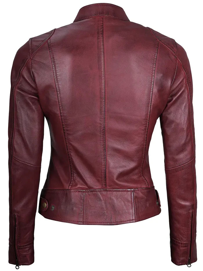 Dodge Womens Burgundy Leather Jacket Cafe Racer