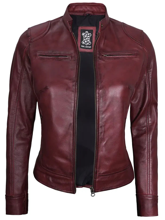 Dodge Womens Burgundy Leather Jacket Cafe Racer