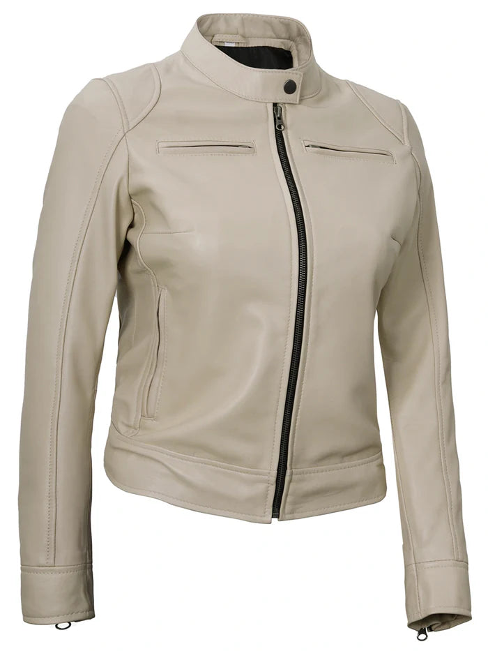 Dodge Women's Beige Leather Cafe Racer Jacket