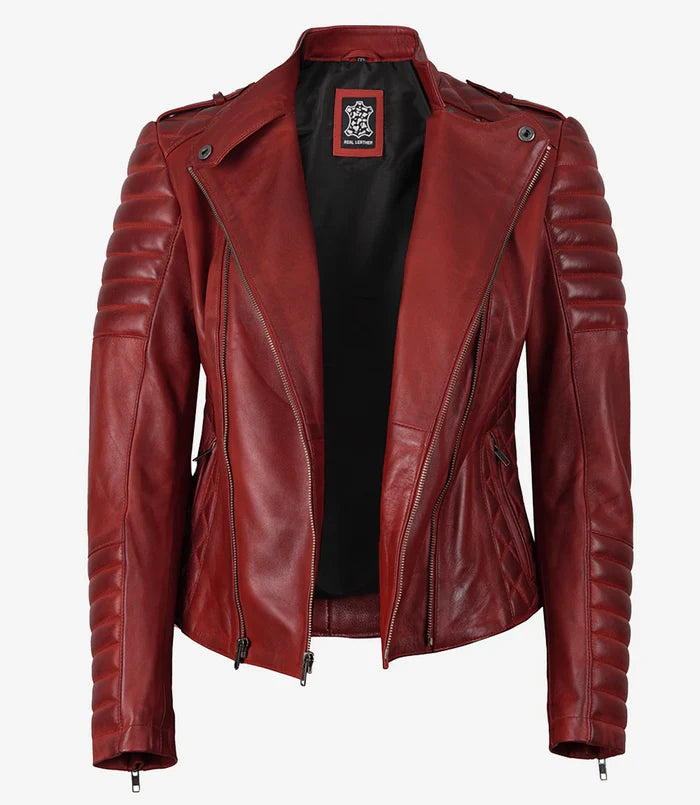Women's Biker Style Quilted Red Leather Jacket Asymmetrical