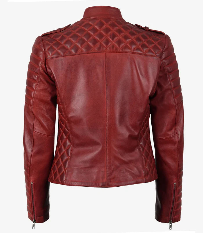 Women's Biker Style Quilted Red Leather Jacket Asymmetrical