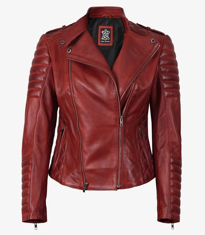 Women's Biker Style Quilted Red Leather Jacket Asymmetrical