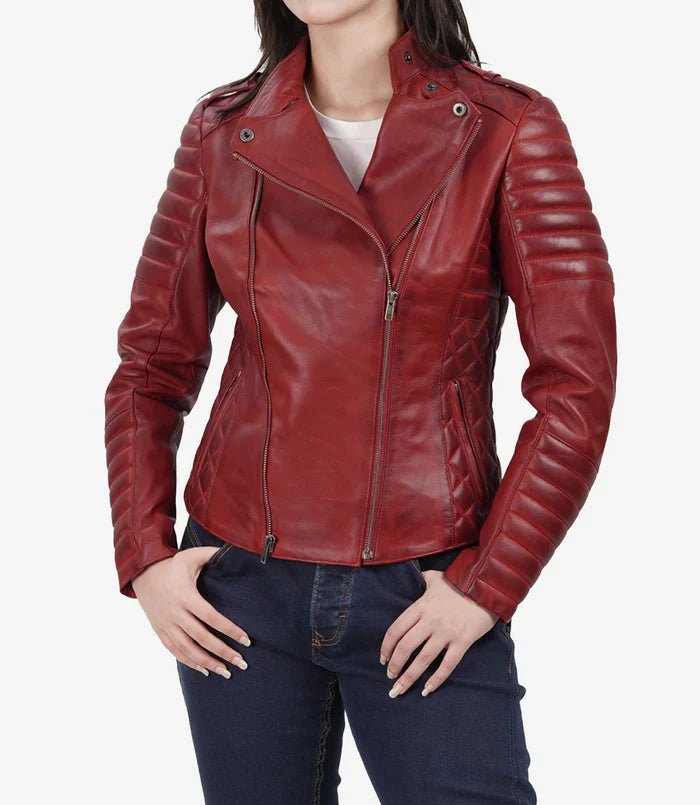 Women's Biker Style Quilted Red Leather Jacket Asymmetrical