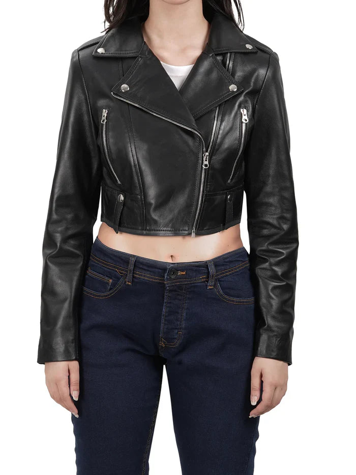 Colleen Women’s Cropped Black Biker Style Leather Jacket