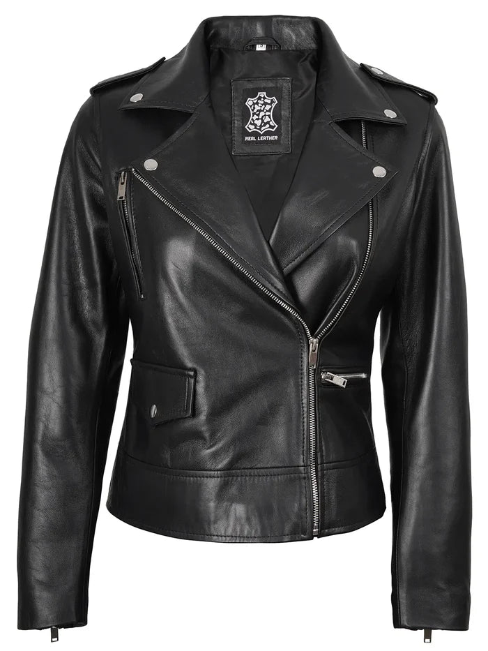 Amber Womens Asymmetrical Black Biker Style Leather Jacket