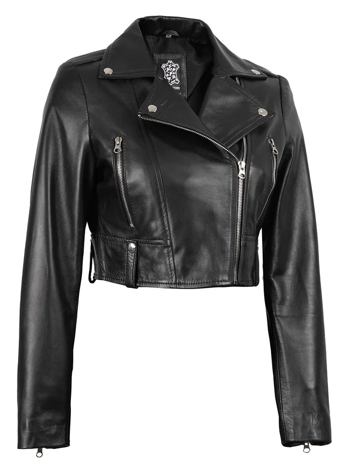 Colleen Women’s Cropped Black Biker Style Leather Jacket