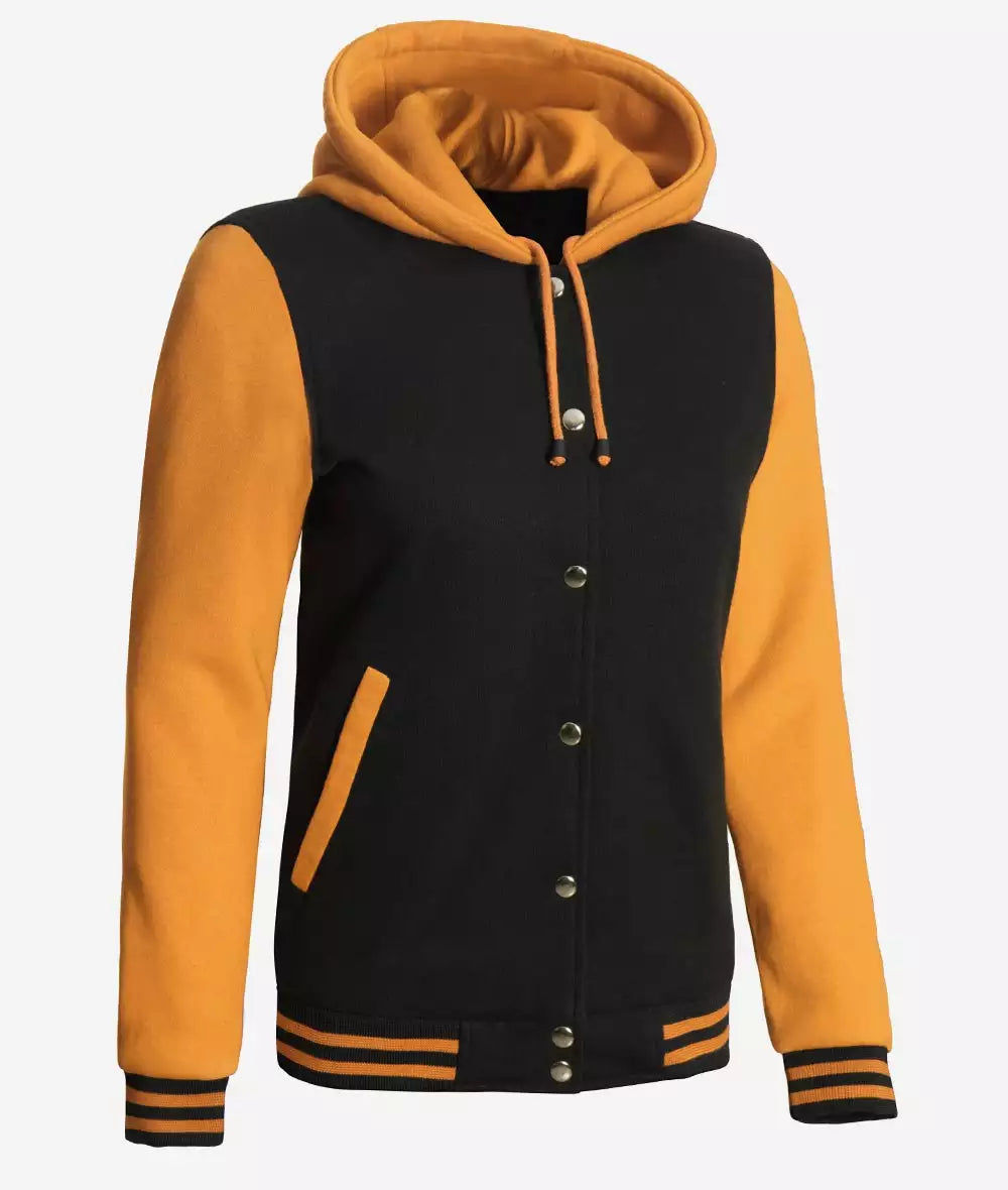 Women’s Black and Yellow Varsity Jacket – Hooded Letterman Bomber