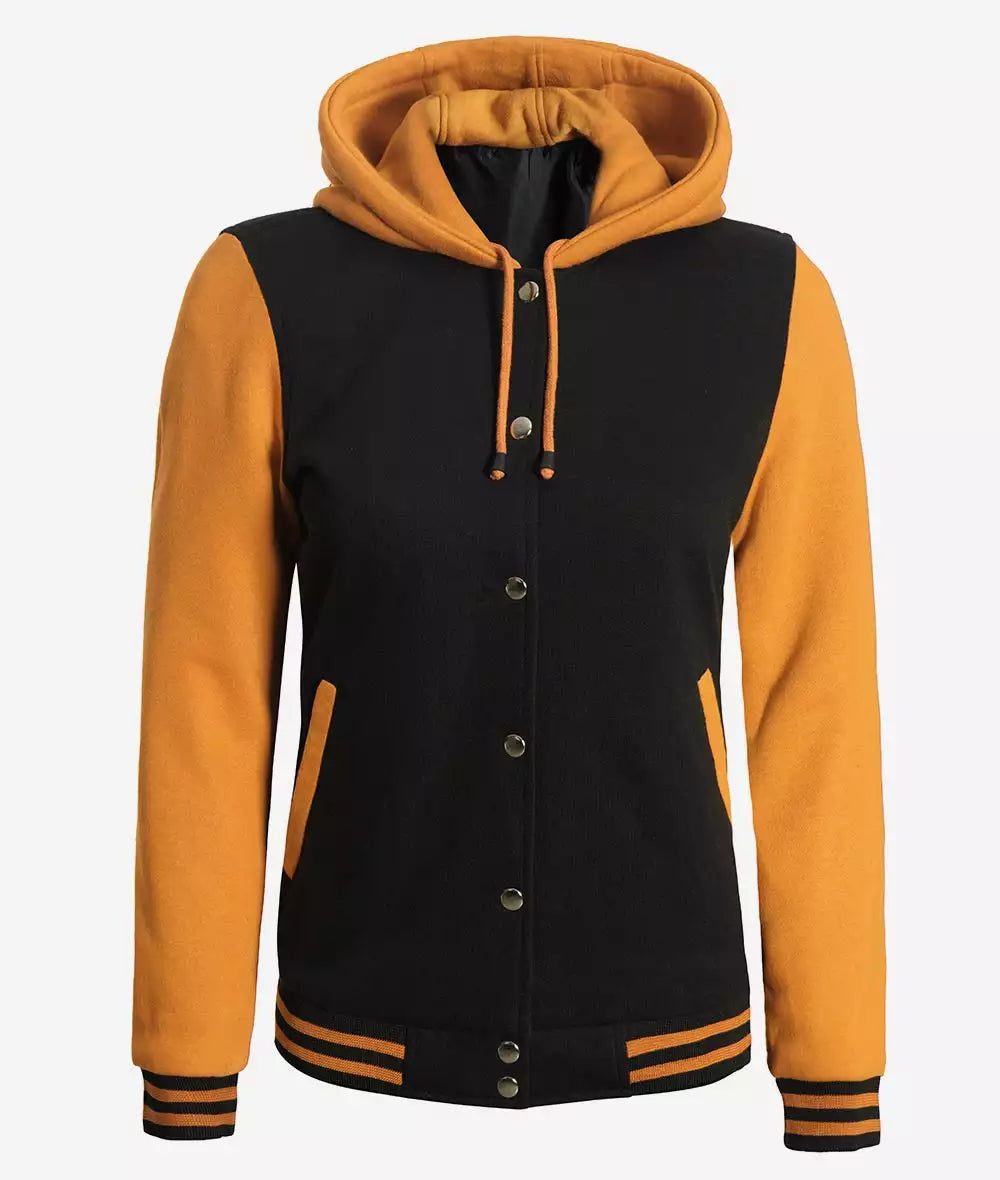 Women’s Black and Yellow Varsity Jacket – Hooded Letterman Bomber