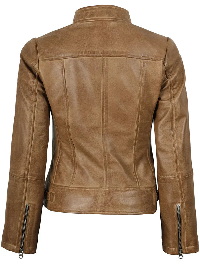Amy Womens Camel Leather Biker Style Jacket
