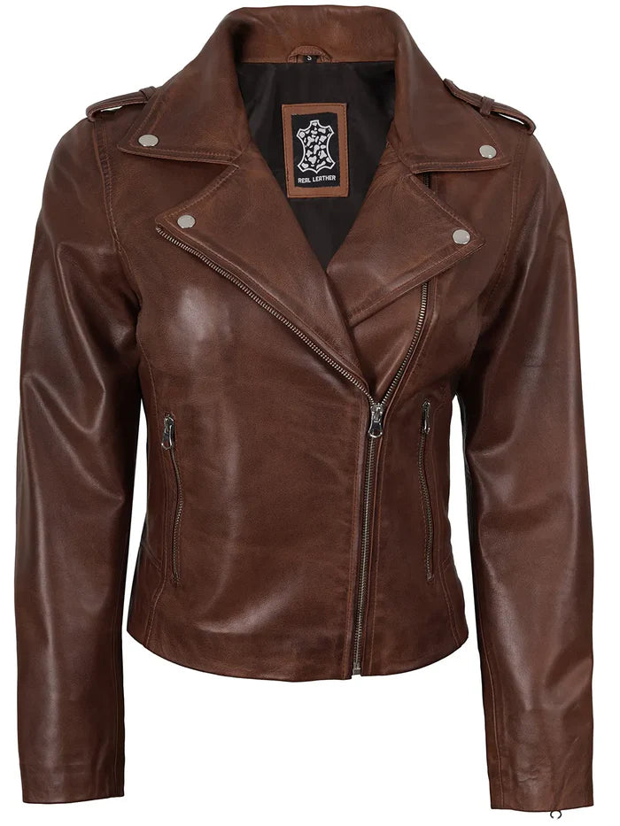Women Asymmetrical Cognac Wax Biker Style Leather Jacket