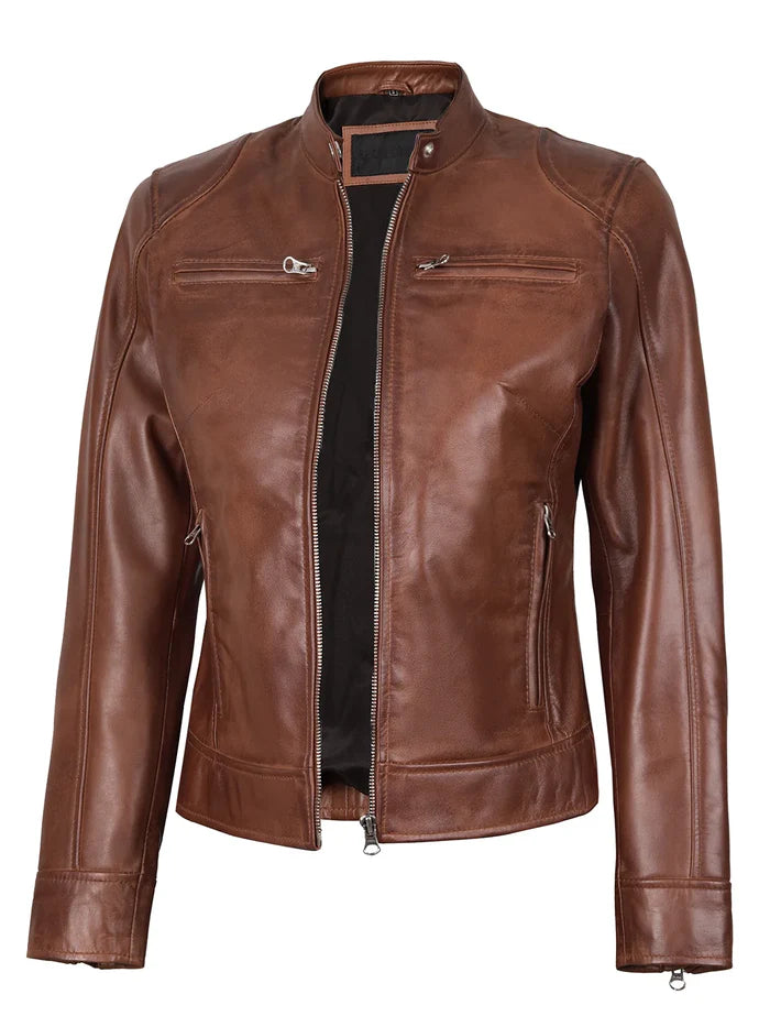 Dodge Womens Cognac Brown Biker Style Leather Jacket