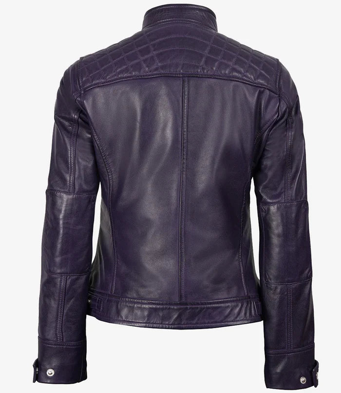 Johnson Women's Purple Quilted Cafe Racer Style Leather Jacket