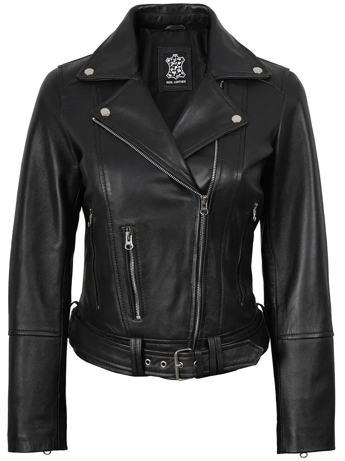 Womens Asymmetrical Black Biker Style Leather Jacket