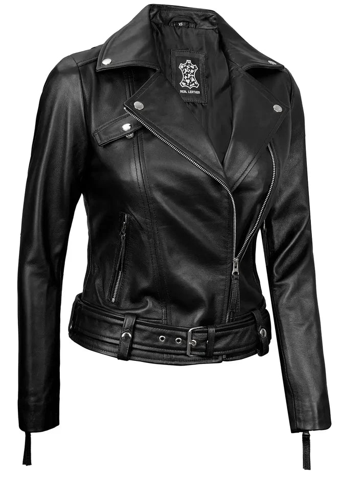 Angela Womens Black Asymmetrical Belted Leather Jacket