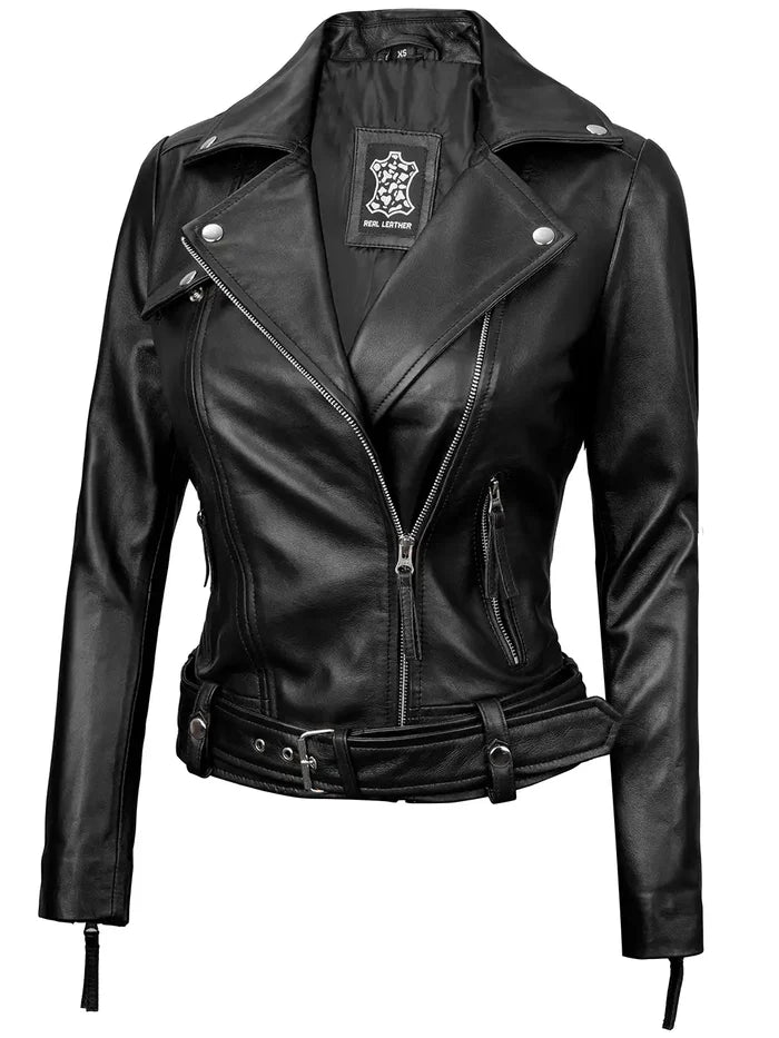 Angela Womens Black Asymmetrical Belted Leather Jacket