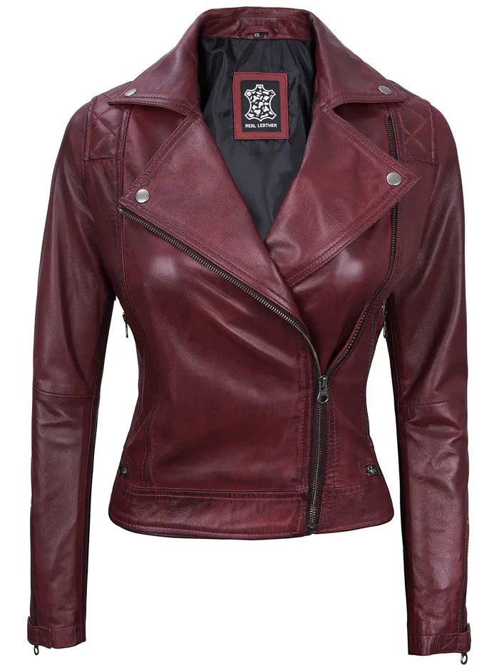 Kimberley Women's Asymmetrical Burgundy Quilted Biker Style Leather Jacket