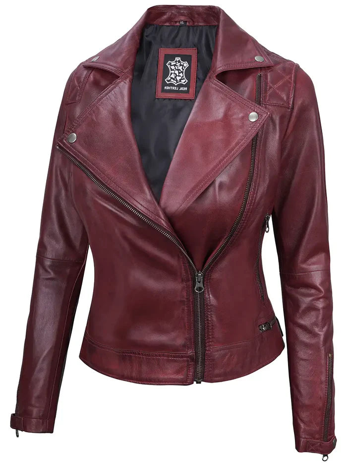 Kimberley Women's Asymmetrical Burgundy Quilted Biker Style Leather Jacket