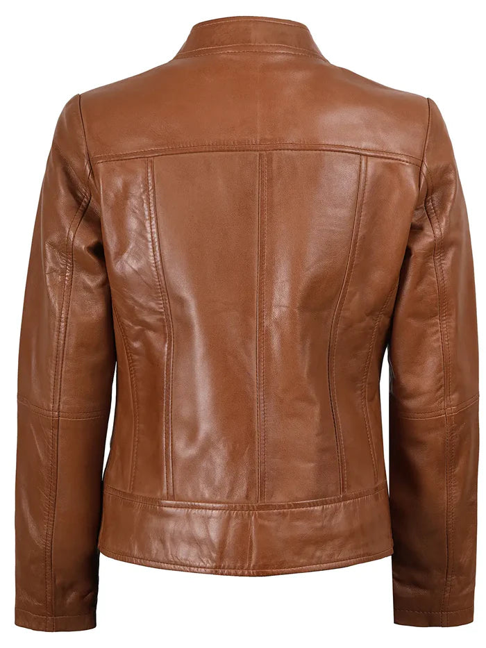 Amy Womens Cafe Racer Tan Brown Real Leather Jacket