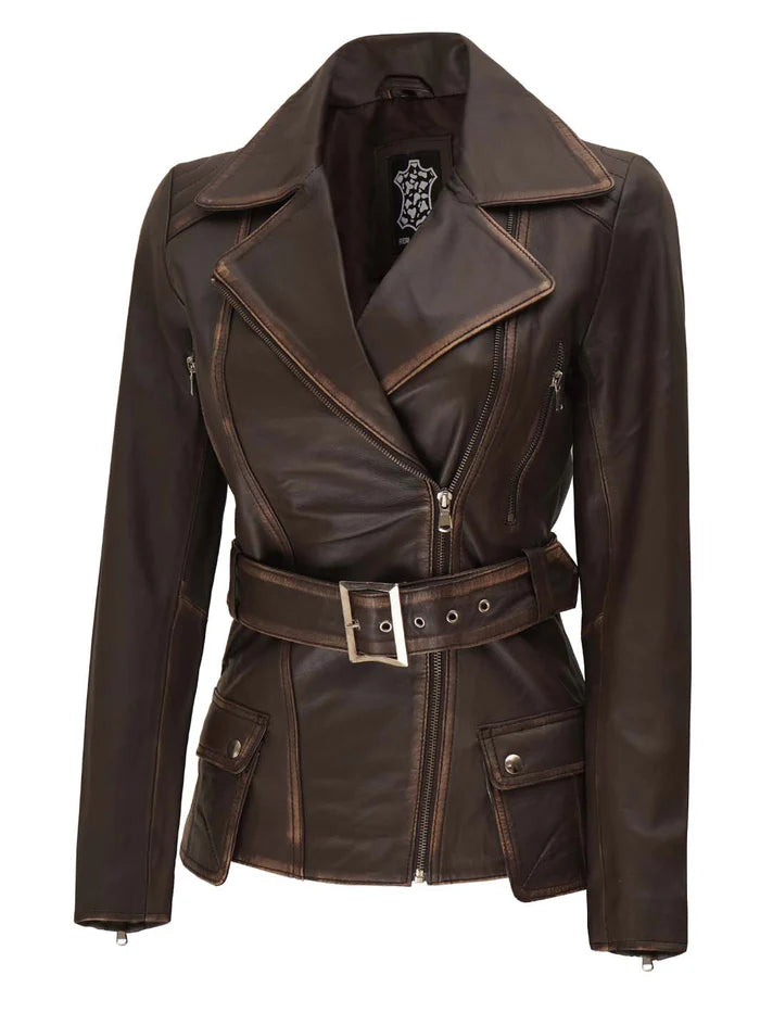 Women's Distressed Brown Asymmetrical Leather Biker Style Jacket