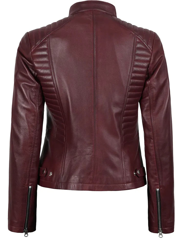 Women's Burgundy Cafe Racer Leather Jacket