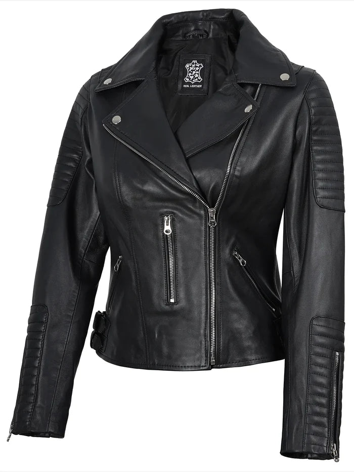 Bari Women Asymmetrical Black Leather Biker Style Jacket