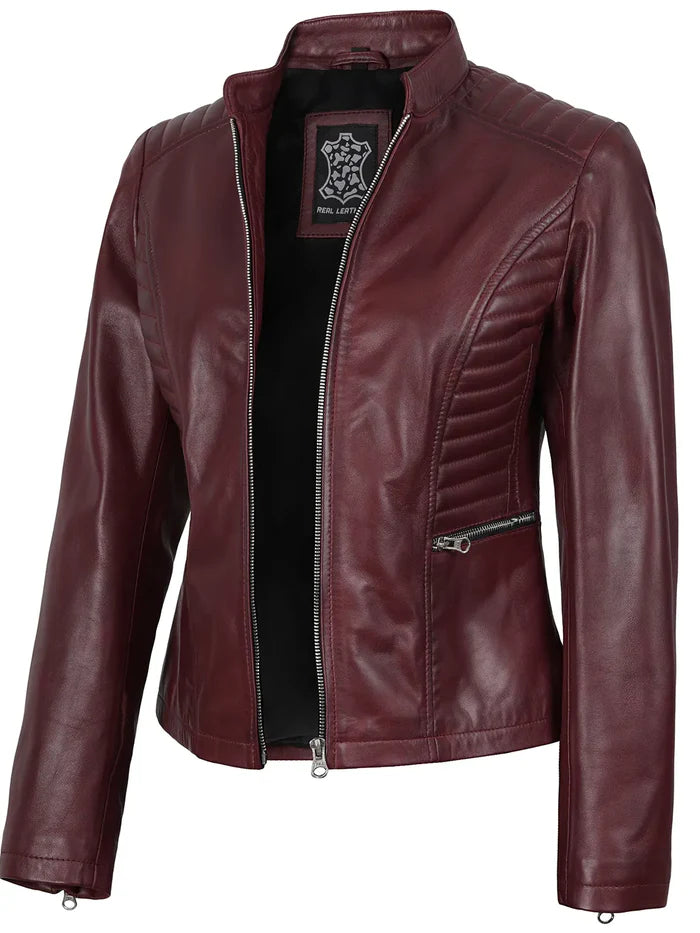 Women's Burgundy Cafe Racer Leather Jacket