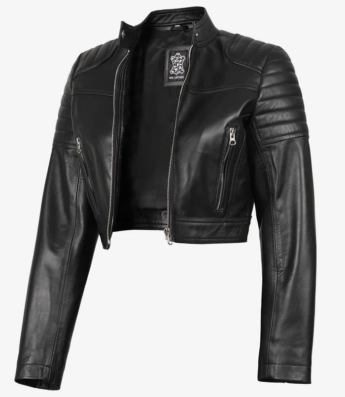 Women's Black Cropped Leather Biker Style Jacket