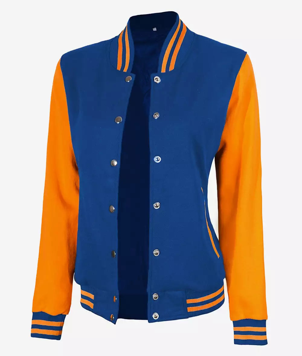 Women’s Yellow and Royal Blue Varsity Jacket – Baseball Style Bomber