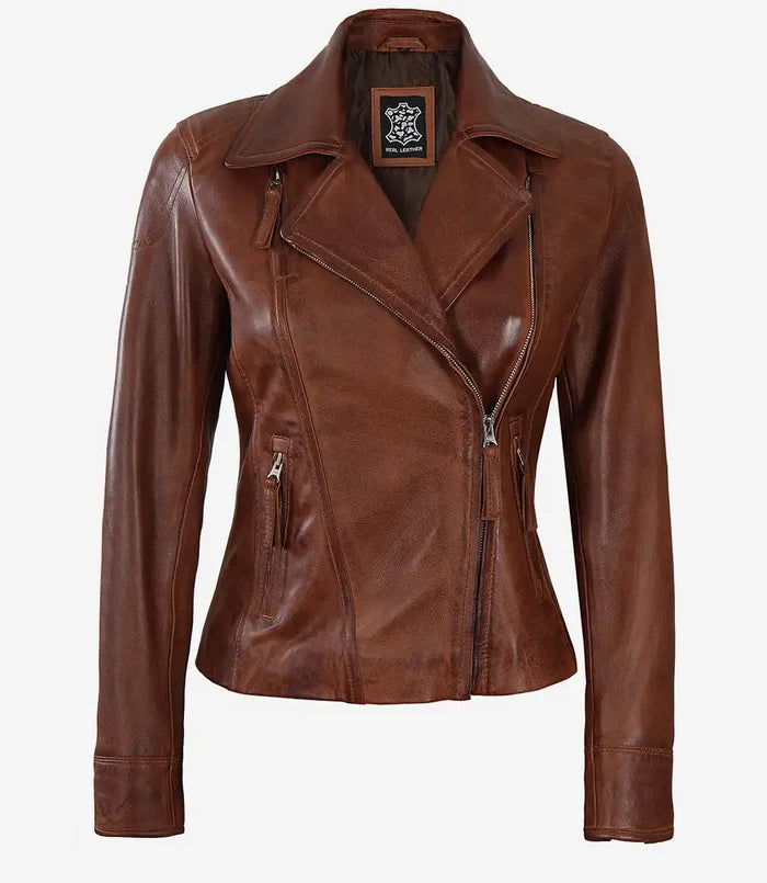 Ramsey Women's Cognac Brown Asymmetrical Leather Jacket