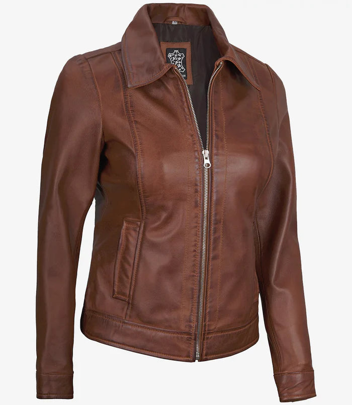 Women's Harrington Leather Jacket Cognac Brown Wax
