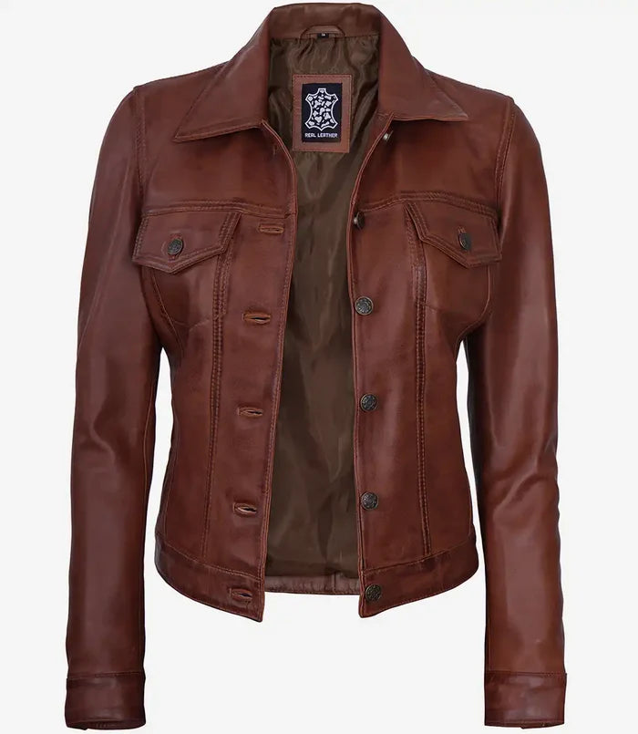 Fernando Womens Cognac Brown Leather Trucker Jacket