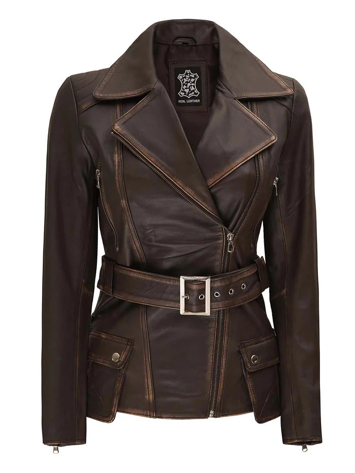 Women's Distressed Brown Asymmetrical Leather Biker Style Jacket
