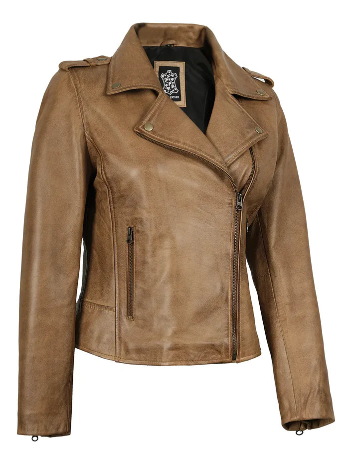 Kirsten Womens Asymmetrical Camel Brown Biker Style Leather Jacket