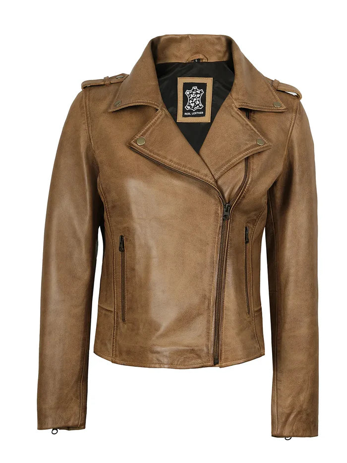 Kirsten Womens Asymmetrical Camel Brown Biker Style Leather Jacket