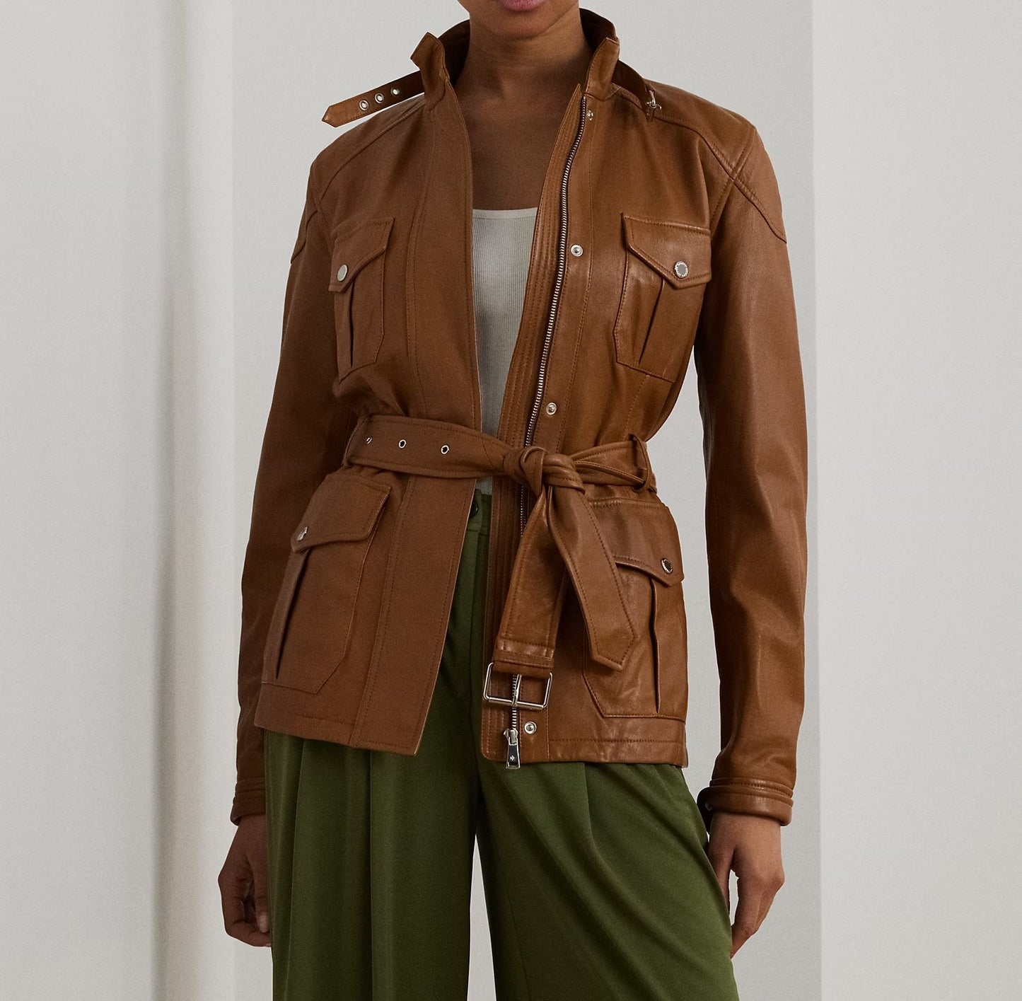 Belted Lambskin Mockneck Jacket