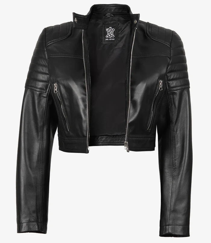 Women's Black Cropped Leather Biker Style Jacket