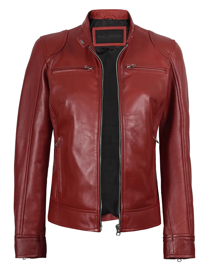 Women's Dodge Cafe Racer Red Leather Jacket
