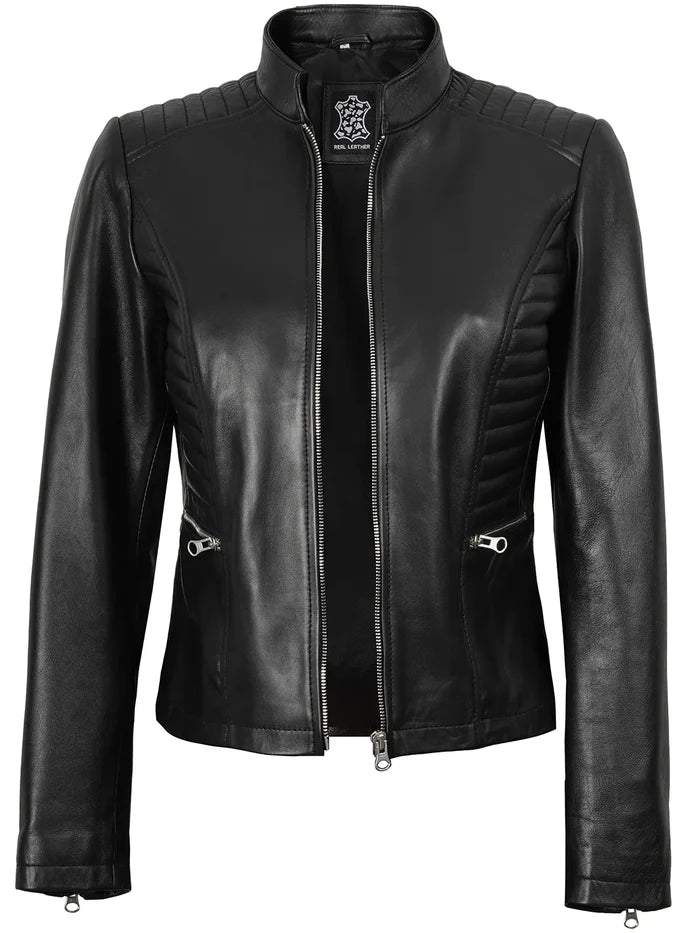 Rachel Women's Black Cafe Racer Style Leather Jacket