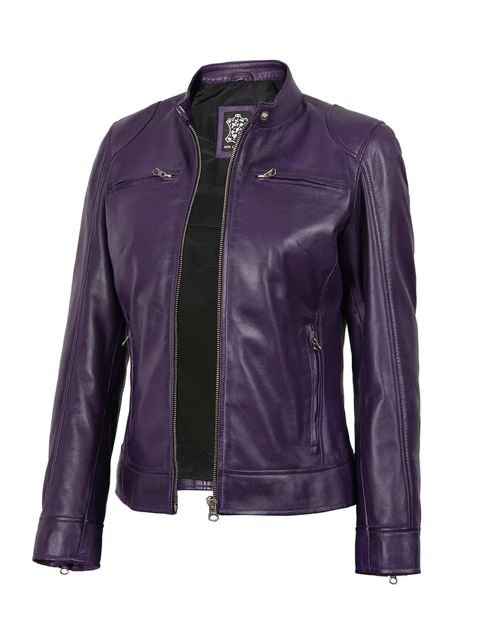 Dodge Womens Biker Style Purple Leather Jacket