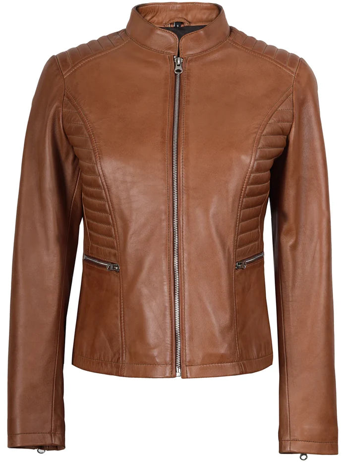 Rachel Womens Tan Cafe Racer Leather Jacket