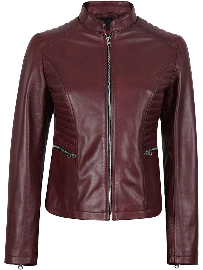 Women's Burgundy Cafe Racer Leather Jacket