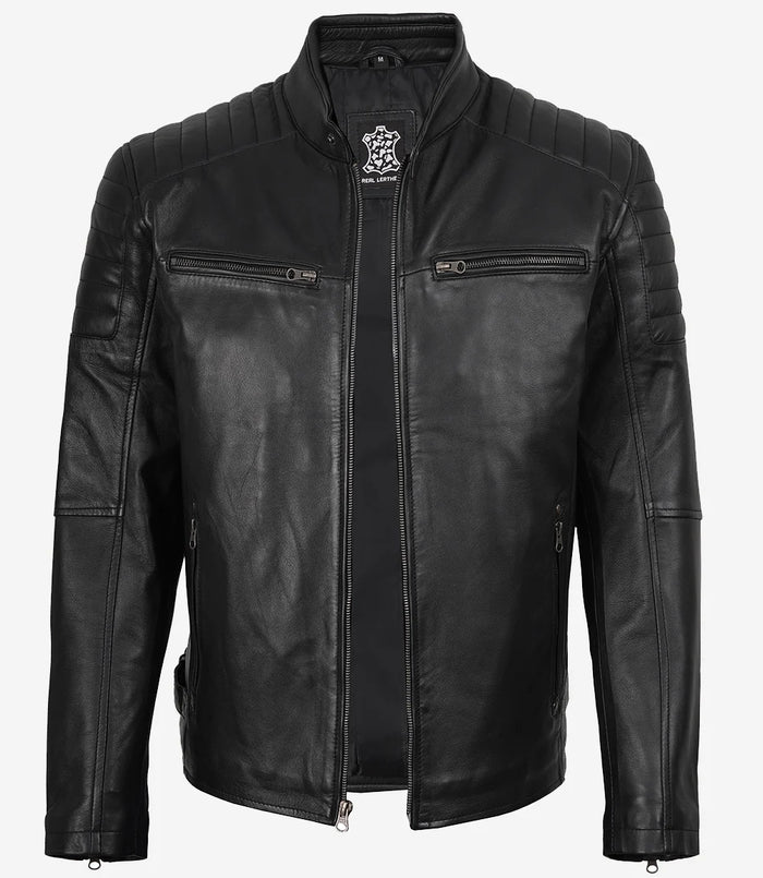 Men’s Real Leather Cafe Racer Jacket with Padded Shoulders