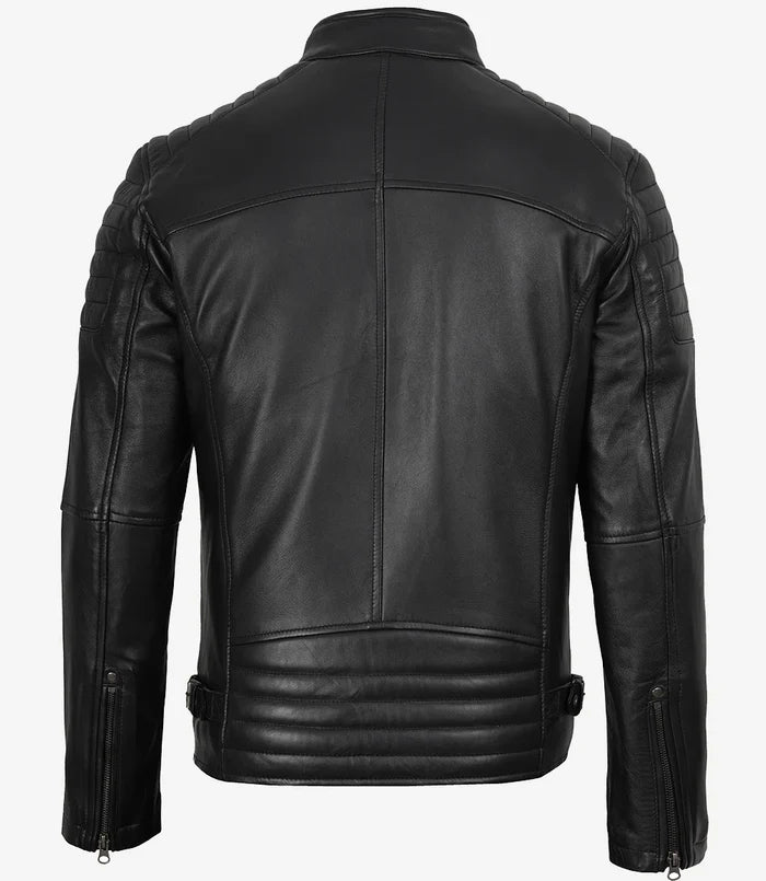 Men’s Real Leather Cafe Racer Jacket with Padded Shoulders