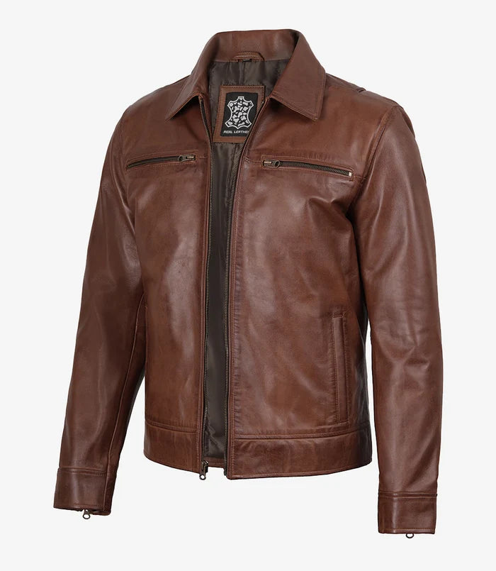 Men's Cognac Brown Leather Shirt Collar Jacket
