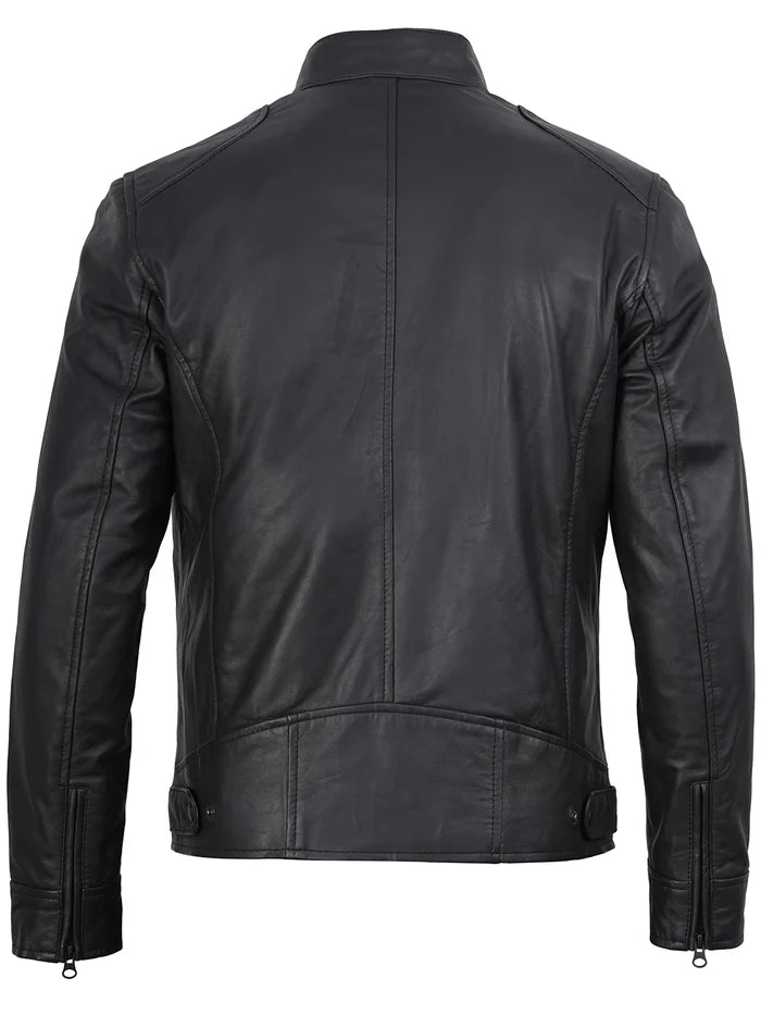 Dodge Men's Matte Black Cafe Racer Style Leather Jacket