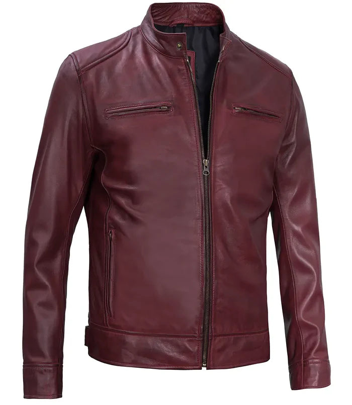 Dodge Men's Burgundy Cafe Racer Style Leather Jacket