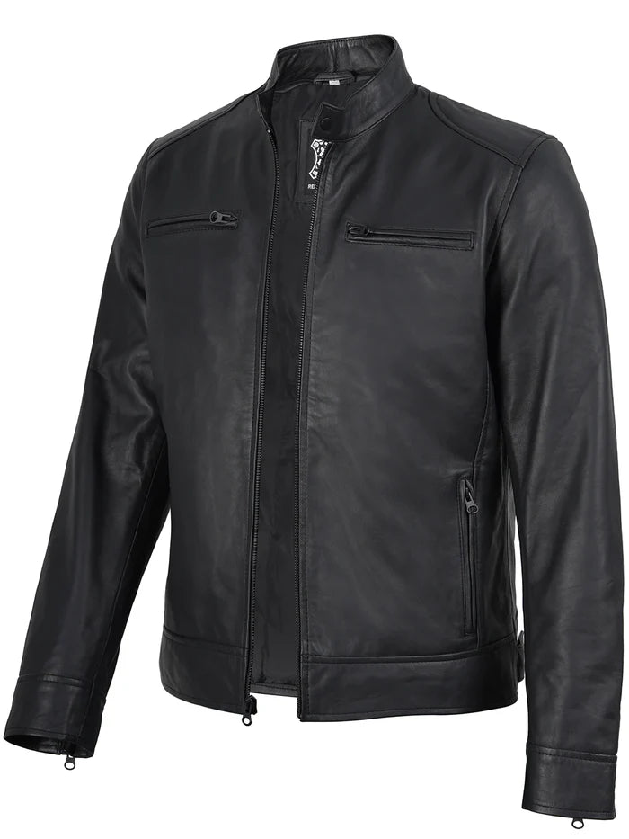 Dodge Men's Matte Black Cafe Racer Style Leather Jacket