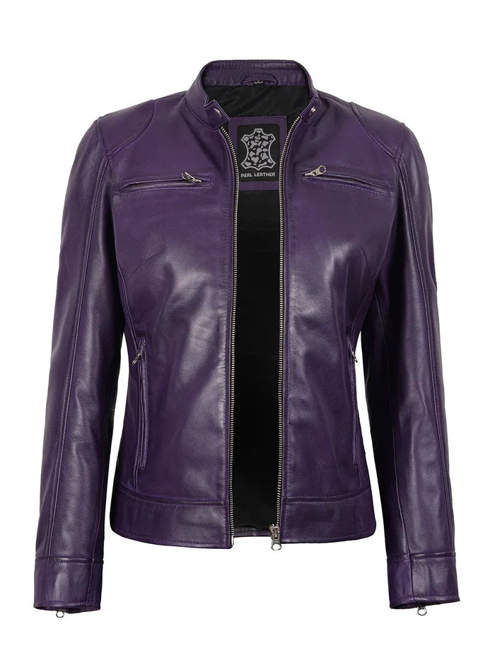 Dodge Womens Biker Style Purple Leather Jacket